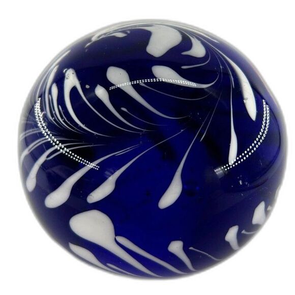 Handblown Round Glass Paperweight Cobalt Blue & White Feather Pattern - Picture 6 of 6
